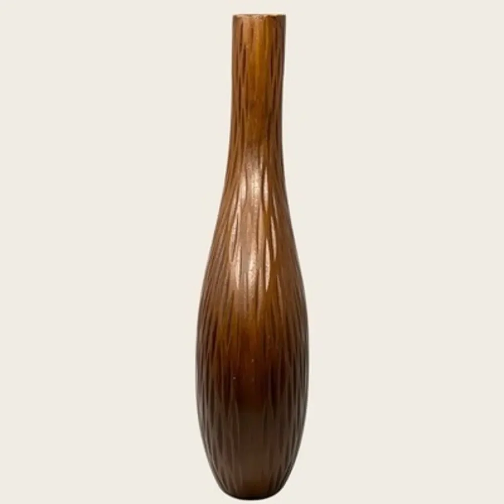 Vintage 1980s Carved Wood Vase Sculptural Boho Organic Feathered Flame